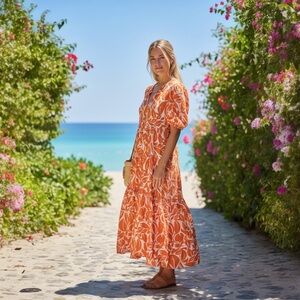 PEARL + SEA Leaf-Print Maxi Dress Orange US4